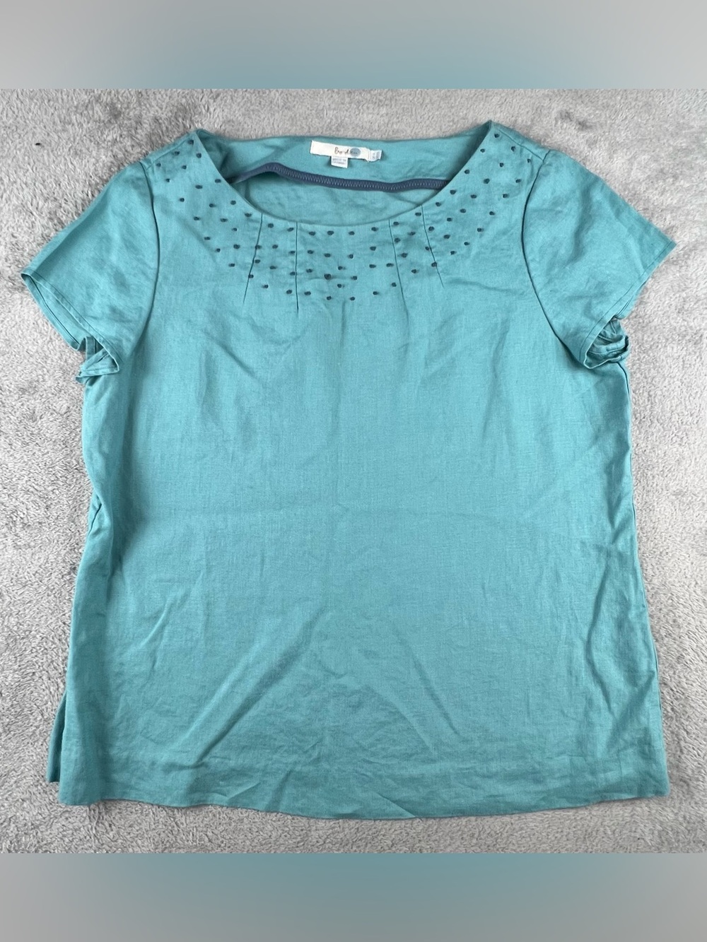 Boden Blouse Linen Short Sleeve Shirt Womens 10 Blue Green Casual pullover